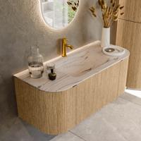 Badmeubel Mondiaz Kurve-Dlux | 110 cm | Meubelkleur Oak | Wastafelkleur Nata | Solid surface | Wasbak midden spoelbak | 1 kraangat