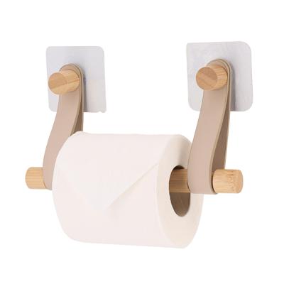 Toiletrolhouder wand/muur - zelfklevend - beige - bamboe/kunstleer - zonder boren
