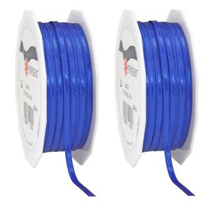 2x Luxe blauwe satijnen lint rollen 0,3 cm x 50 meter cadeaulint verpakkingsmateriaal - Cadeaulinten