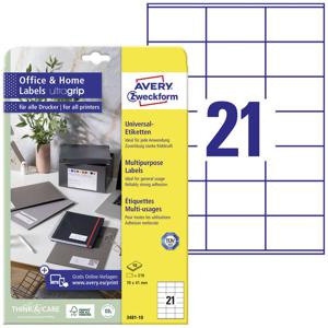 Avery-Zweckform 3481-10 Universele etiketten 70 x 41 mm Papier Wit 210 stuk(s) Permanent hechtend Laser (kleur), Laser (zwart/wit)