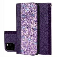 Krokodil textuur glitter poeder horizontale Flip lederen draagtas met kaartsleuven & houder voor iPhone 11 (paars)