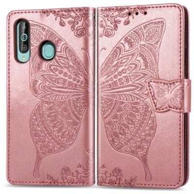 Butterfly Love bloemen reliëf horizontale Flip lederen case voor Galaxy A60 met houder & kaartsleuven & portemonnee & Lanyard (Rose goud)