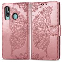 Butterfly Love bloemen reliëf horizontale Flip lederen case voor Galaxy A60 met houder & kaartsleuven & portemonnee & Lanyard (Rose goud)