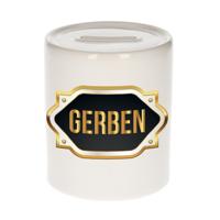 Spaarpot met voornaam Gerben - wit - goud/zwart embleem - 8 x 9 cm - keramiek - afsluitdop