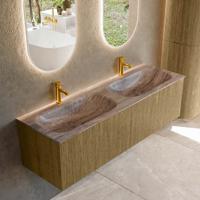Badmeubel Mondiaz Kurve-Dlux | 150 cm | Meubelkleur Dusk | Wastafelkleur Oza | Solid surface | Wasbak beide zijden spoelbak | 2 kraangaten