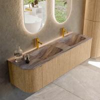 Badmeubel Mondiaz Kurve-Dlux | 155 cm | Meubelkleur Oak | Wastafelkleur Oza | Solid surface | Dubbel / Rechts spoelbak | 2 kraangaten