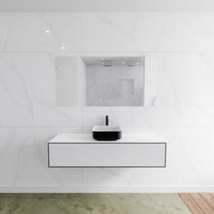 Badkamermeubelset Mondiaz LAGOM 140 cm Topblad met Gecentreerde Wastafel Solid Surface Opzetkom Binx met 1 Kraangat Mat Zwart (1 lade)