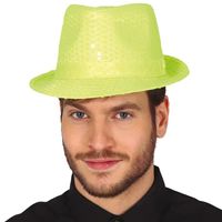 Guirca Glitter verkleed hoedje - fluor geel - verkleed accessoires - volwassenen/heren - met pailletten   -