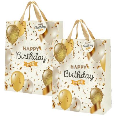Cepewa verjaardag giftbags/cadeau tasjes - 2x - goud - happy birthday - ballonnen - 25 x 32 x 12 cm