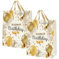 Cepewa verjaardag giftbags/cadeau tasjes - 2x - goud - happy birthday - ballonnen - 25 x 32 x 12 cm