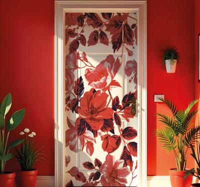 Roze vintage bloemenmuurschildering deursticker