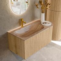 Badmeubel Mondiaz Kurve-Dlux | 95 cm | Meubelkleur Oak | Wastafelkleur Arena | Solid surface | Wasbak linker zijde spoelbak | 1 kraangat