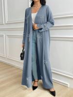 Al Najma Black Long Sleeve Open Abaya - Casual Maxi Robe with Bow Dusty Blue / L