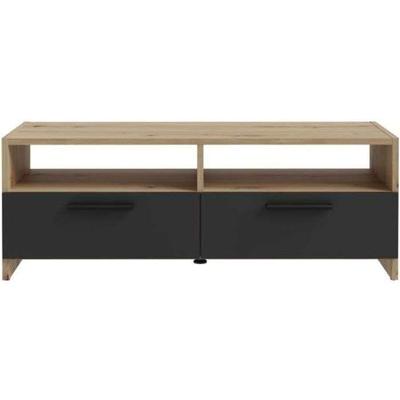 PILVI TV-meubel - Eigentijdse stijl - Eiken en Zwart decor - 2 kleppen + 2 nissen - L 95 x D 36 x H 34,5 cm