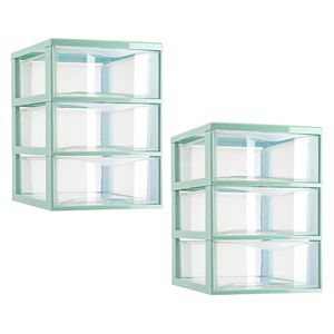 Ladeblokje/bureau organizer - 2x stuks - 3 lades - transparant/mintgroen - L18 x B25 x H25 cm