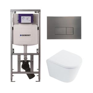 QeramiQ Dely Toiletset - 36.3x51.7cm - diepspoel - rimless - Geberit UP320 Burda inbouwreservoir - softclose toilet zitting 35 mm - gunmetal bedieningsplaat - rechthoekige knoppen - wit glans SW1026255 / SW1159505/0701131/SW706199