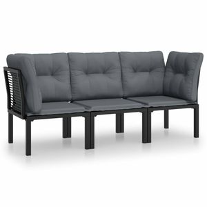 vidaXL 3-delige Loungeset met kussens poly rattan zwart en grijs