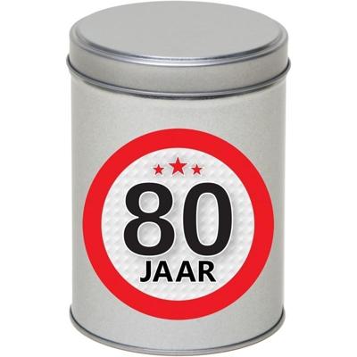 Cadeau Snoepblik - 80 jaar verjaardag - 9 x 13 cm - Cadeauverpakking- metaal - met leeftijd sticker