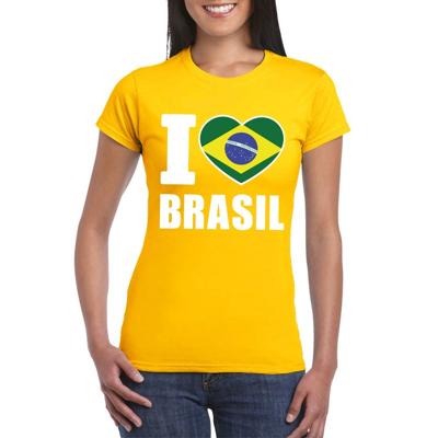 Brazilie supporters kleding t-shirt - voor dames - geel - met vlag kleuren print - korte mouwen