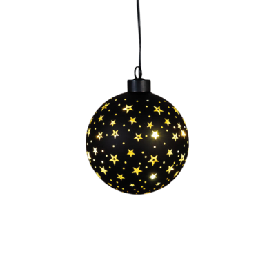 Kersthanger bal glas gouden binnenkant met sterren 8led warm wit op batterij met timer d10 cm zwart/goud - Annas collection