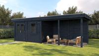 Lugarde Select Modern tuinhuis met overkapping Dronten 388x250cm + 400cm - Zwarte olie- Plat dak- - Lugarde Select