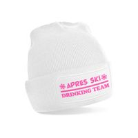 Wintersport muts voor volwassenen - Drinking Team - wit - roze glitter - one size - Apres ski beanie