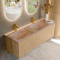 Badmeubel Mondiaz Kurve-Dlux | 145 cm | Meubelkleur Oak | Wastafelkleur Saba | Solid surface | Dubbel / Links spoelbak | 2 kraangaten