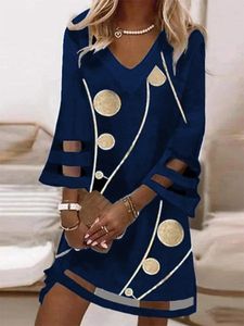 Casual Geometric V neck Three Quarter Loose Dress