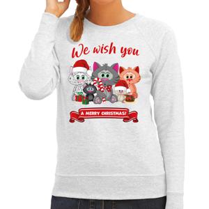 Foute Kersttrui/sweater voor dames - We wish you - grijs - kerst katjes - kerst cadeau