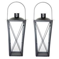 Set van 2x stuks flancy flames windlicht- zilver - ijzer - 20 x 20 x 40 cm - tuin lantaarn/windlicht