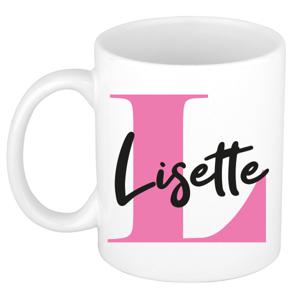 Naam mok Lisette - roze - wit - keramiek - 300 ml - verjaardag/cadeau beker