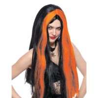 Funny Fashion Heksenpruik lang haar - zwart/oranje - dames - Halloween   -
