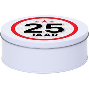 Wit bewaarblik/opbergblik 18 cm met 25 jaar sticker   -