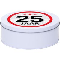 Wit bewaarblik/opbergblik 18 cm met 25 jaar sticker   -