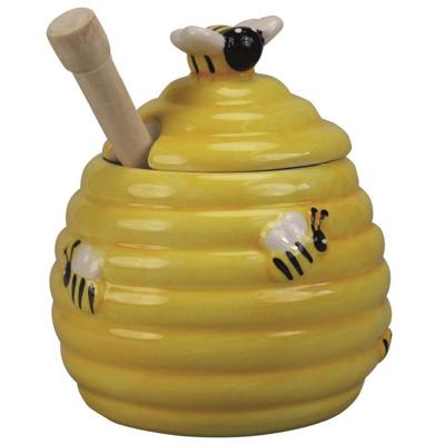 Honingpot met honinglepel - geel - 10 x 11 cm - keramiek - 3D bijenmotief