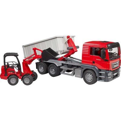bruder MAN TGS met rolcontainer en Schäffer compacte lader 03767 modelvoertuig