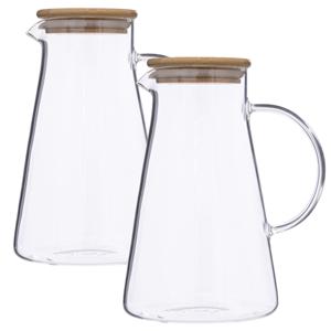 5Five Karaf/schenkkan 1,5 liter - 2x stuks - glas met bamboe houten deksel - Waterkan - Sapkan