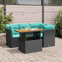5-delige Loungeset met kussens poly rattan zwart