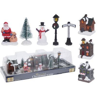 Kerstdorp accessoires - miniatuur figuurtjes en huisjes - 10-delig