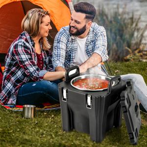 30 L Stapelbare Geïsoleerde Soepwarmer Draagbare Roestvrijstalen Geïsoleerde Container met 2 Handgrepen 4 Wielen voor Catering Camping Zwart