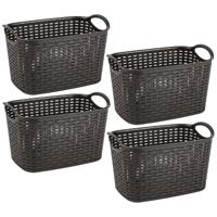 Plasticforte opbergmand - 4x stuks - kastmandje - 6,4 liter - bruin - kunststof - 19 x 29 x 18 cm