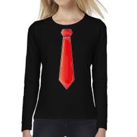 Verkleed shirt voor dames - stropdas rood - zwart - carnaval - foute party - longsleeve - thumbnail