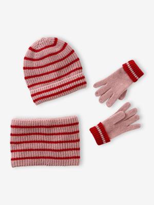 Gestreept set voor meisjes muts + snood + wanten/handschoenen rouge