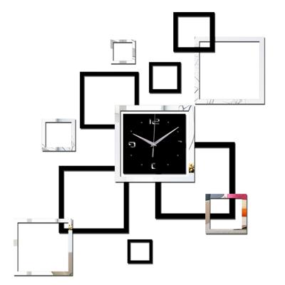 Woonkamer muur klok creatieve klok acryl DIY spiegel muur stickers decoratieve zwart zilver vierkant DIY klok
