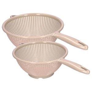 Keuken vergieten/zeef met steel - 2x stuks - kunststof - Dia 22 en 24 cm - beige