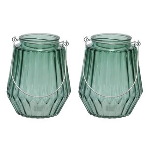 2x stuks theelichthouders/waxinelichthouders streepjes glas zeegroen met metalen handvat 11 x 13 cm