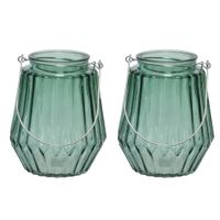 2x stuks theelichthouders/waxinelichthouders streepjes glas zeegroen met metalen handvat 11 x 13 cm