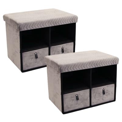 Hocker/poef opvouwbaar - 2x - grijs - velvet - met lades - polyester - 50 x 38 cm
