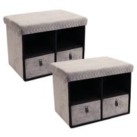 Hocker/poef opvouwbaar - 2x - grijs - velvet - met lades - polyester - 50 x 38 cm