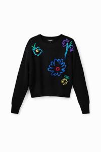 Trui met geborduurde bloemen - BLACK - XL